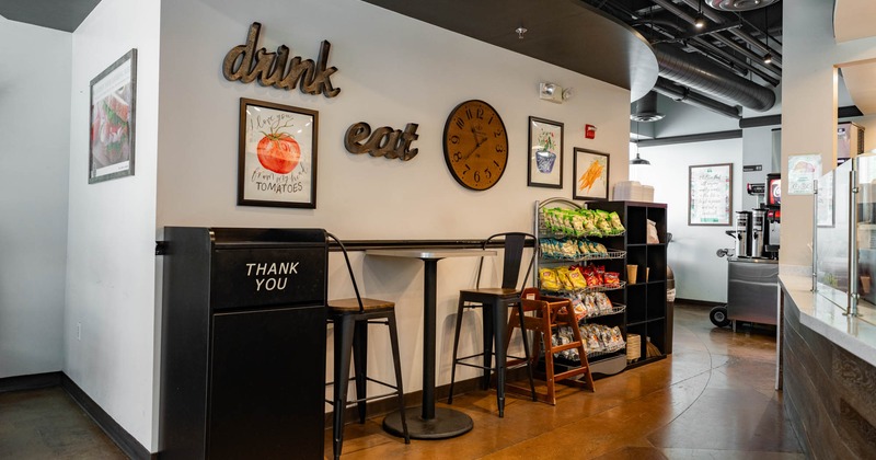 Interior space, seating, wall decor, a snack rack