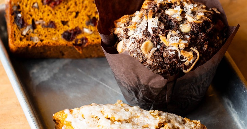 Cranberry sweet loaf, a muffin, and a sweet scone