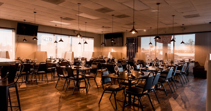 Interior, dining area, tables for multiple people