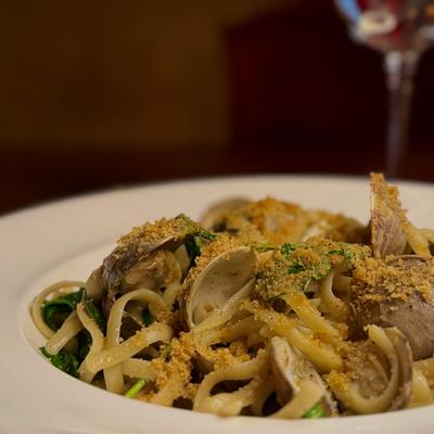 Pasta with clams and breadcrumbs.