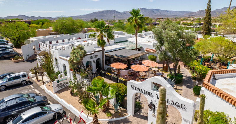 Aerial view of the restaurant and parking lot