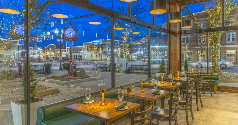 Interior, glass view to exterior, chairs, bar tables