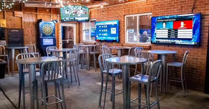 Interior, high tables and chairs