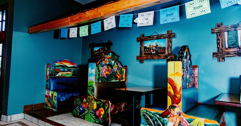 Interior, colorful restaurant booths