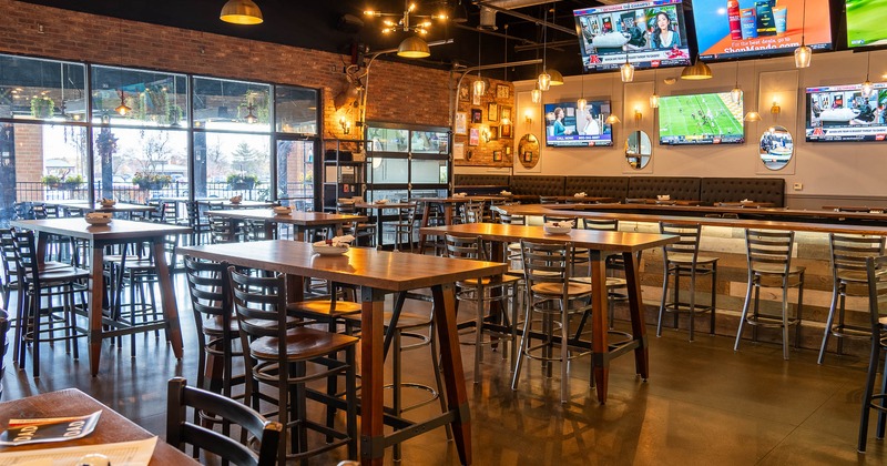 Seating area, bar tables and stools