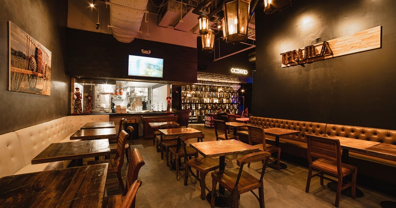 Interior, food counter, banquette seating, dining tables and chairs