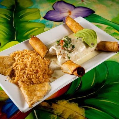 Burrito smothered in cheese sauce, served with taquitos, rice, salsa, and quesadillas.