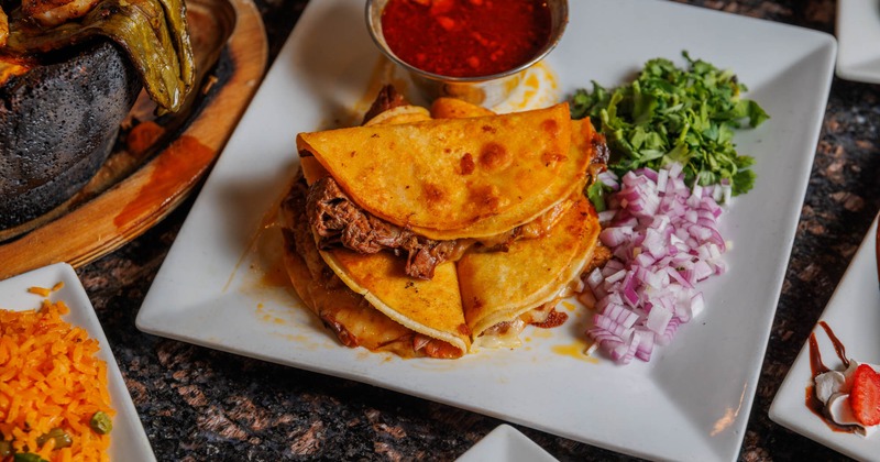 Beef quesabirria tacos, with cilantro, red onion, and birria sauce on the side