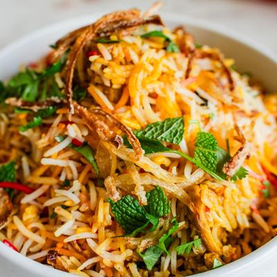 Mutton biryani, closeup.