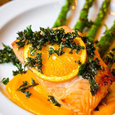 Citrus - Ginger Salmon with asparagus and kale.