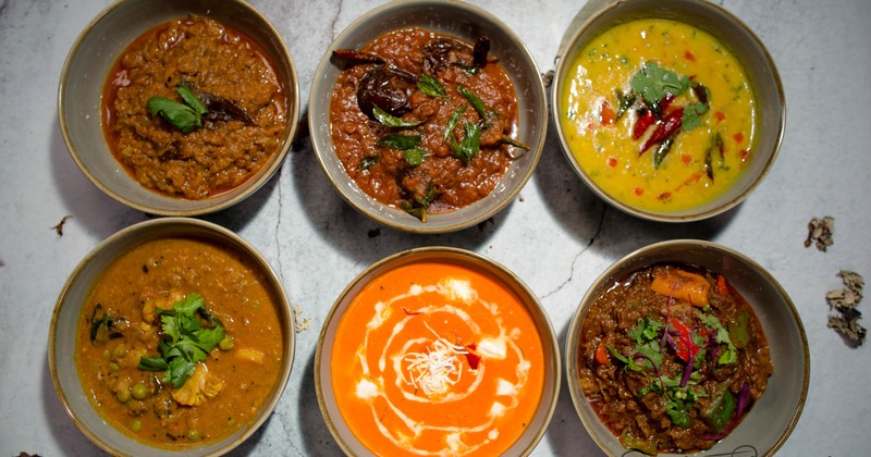 Selection of various Indian curries, top view