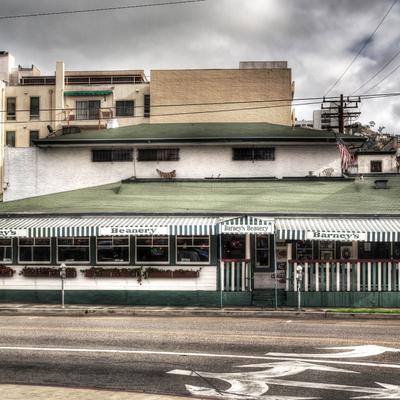 Barney's Beanery, a vintage diner with striped green and white awnings