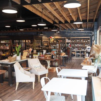 The interior, tables and chairs.