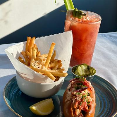 Lobster roll, fries, and a bloody mary.  A brunch meal made to remedy the prior night's festivities!.
