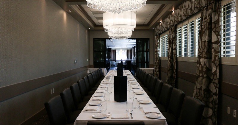 Interior, long table ready for guests