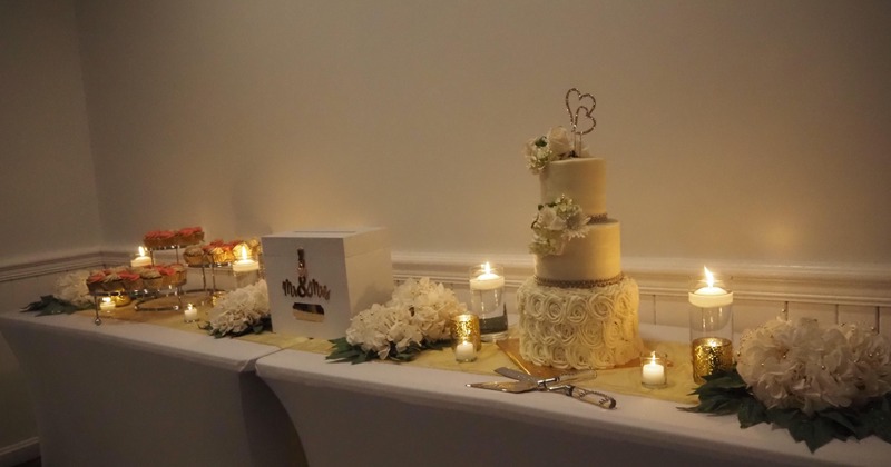 Dessert table, wedding cake and cupcakes