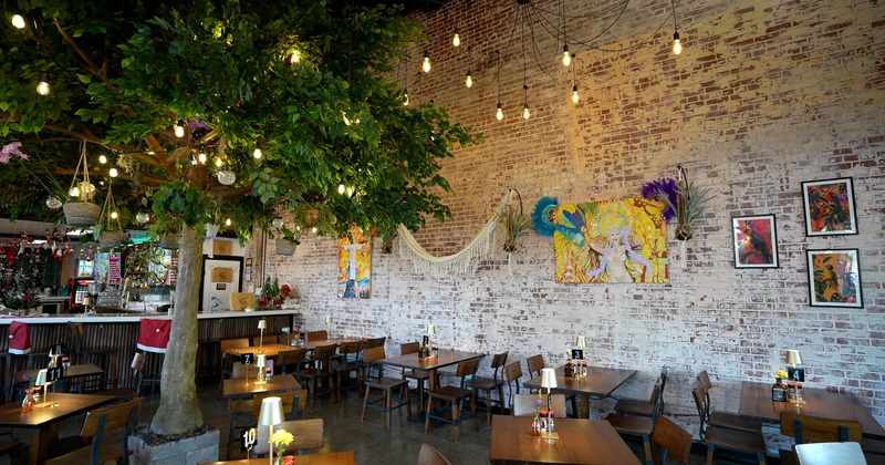 Interior with a faux tree, exposed brick wall and colorful artwork.