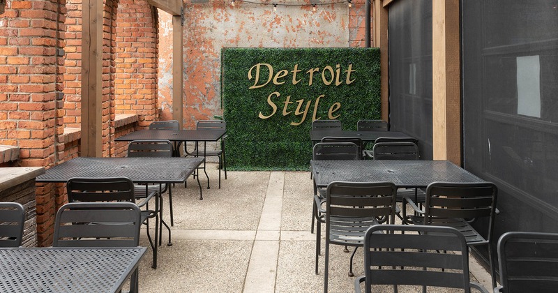 Exterior, patio, empty tables and chairs