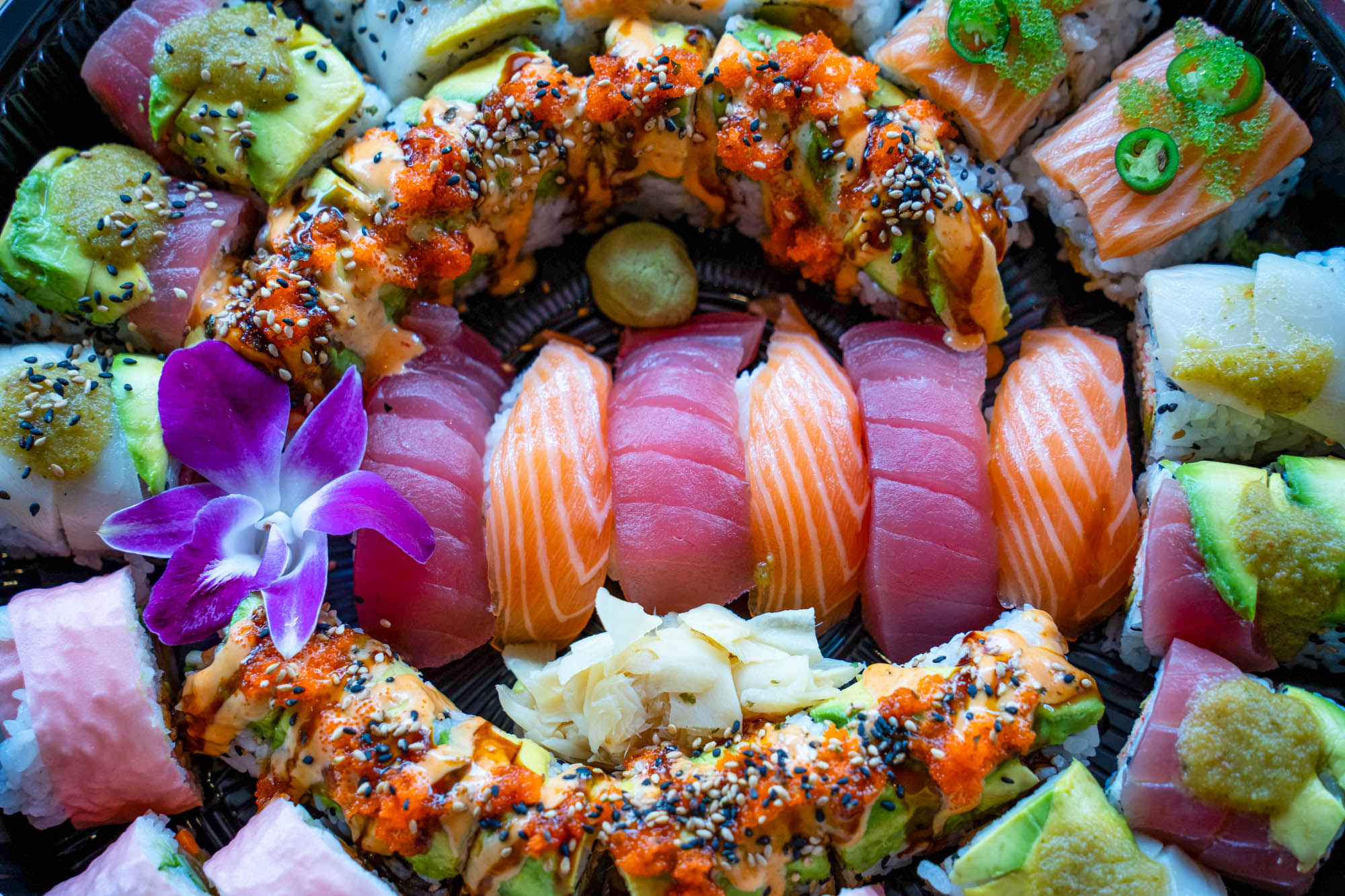 Sushi and sashimi combo plate, top view