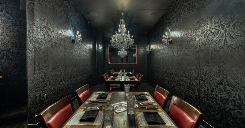 Interior, dining area with chandelier