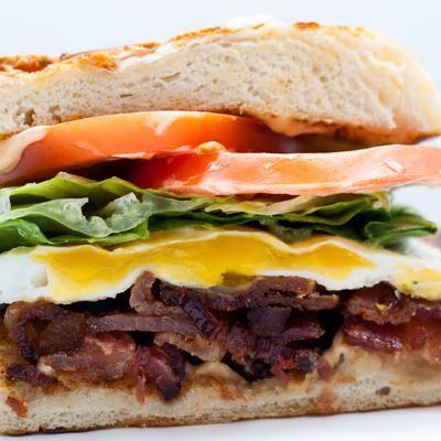 Breakfast BLT sandwich, with fried egg, and spicy mayo.