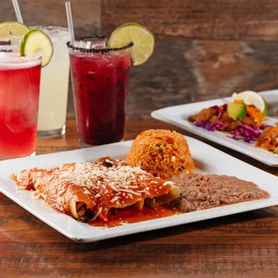 Enchiladas Mexicana with margaritas, Los Compadres Cantina, Tex Mex, Roanoke, Texas.