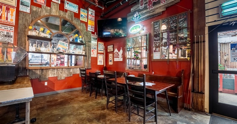 Interior dining area, wooden tables and chairs