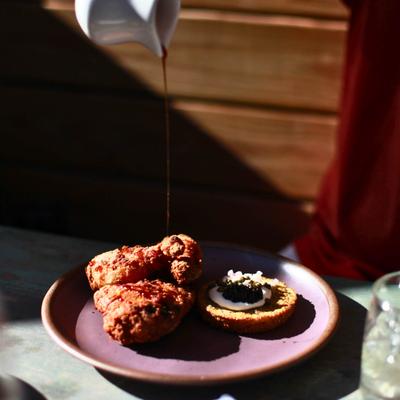 A served meal in the sunlight.