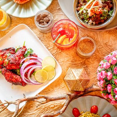 Served meals and drinks, top view.