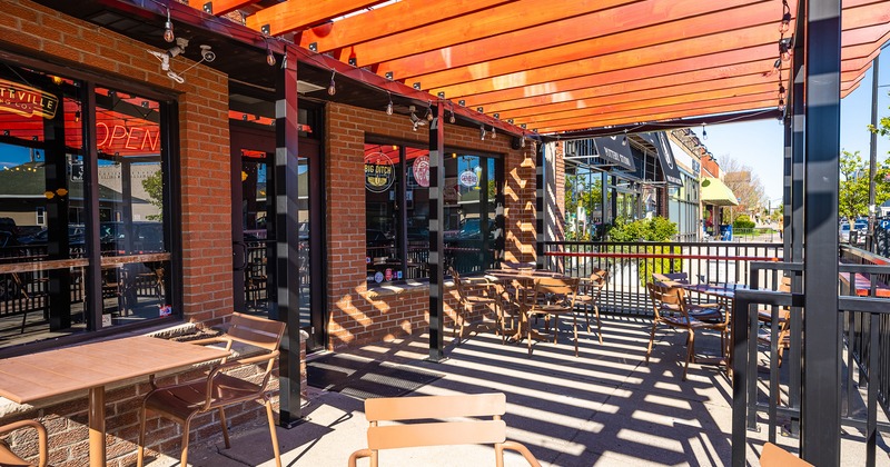 Outdoor seating area, tables and chairs