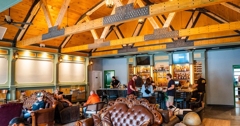 Interior, seating area with leather couches, bar counter in back