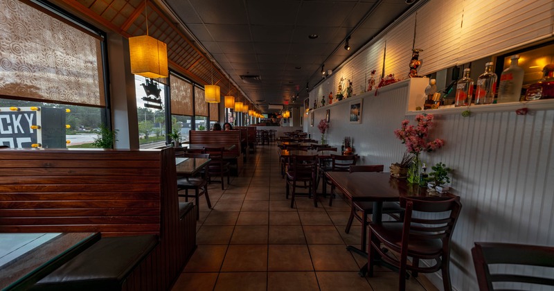 Interior, restaurant booths tables and chairs