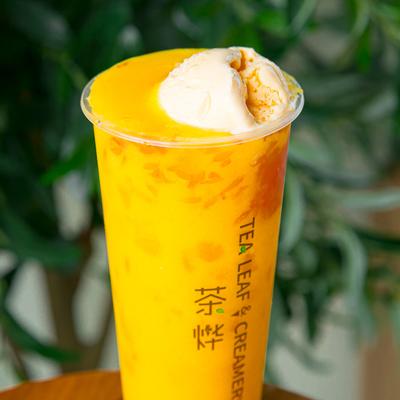Mango Pomelo Sago tea with ice cream, close-up.