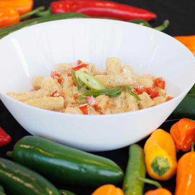 Creamy pasta in a white bowl surrounded by colorful peppers.