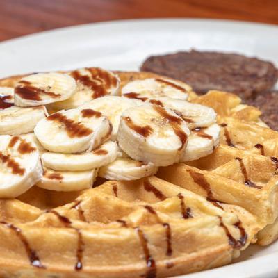 Waffle with bananas.
