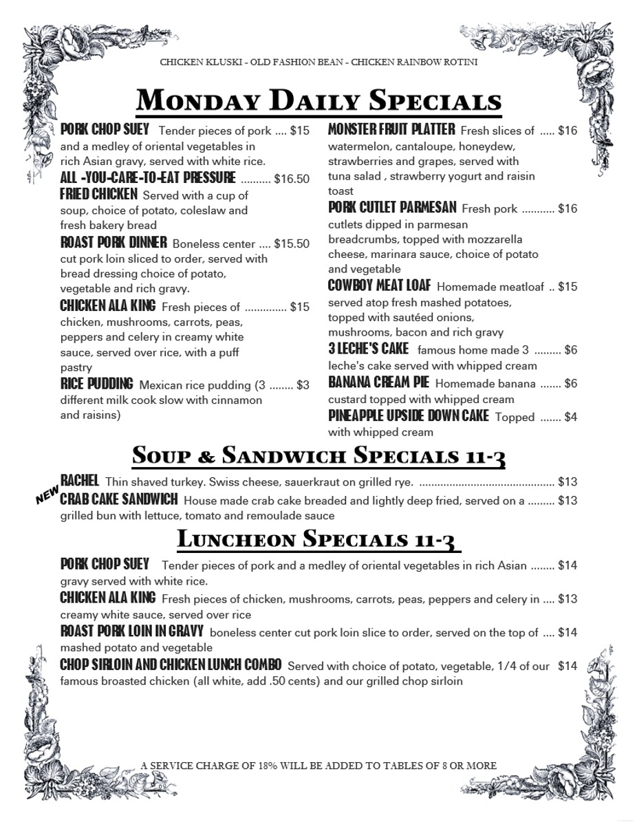 Monday Daily, Soup & Sandwich and Luncheon specials