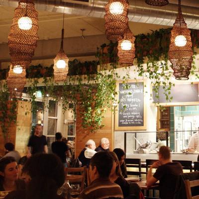 Interior space, people, lights.