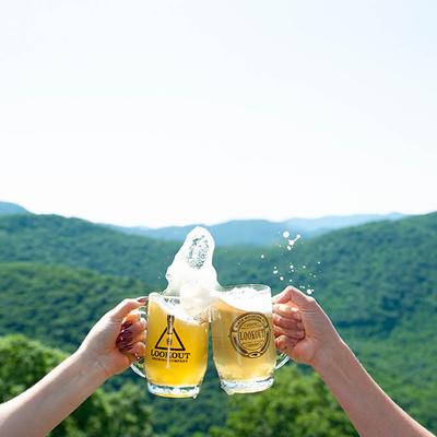 Two hands clinking beer mugs with foam splash against a mountain view.