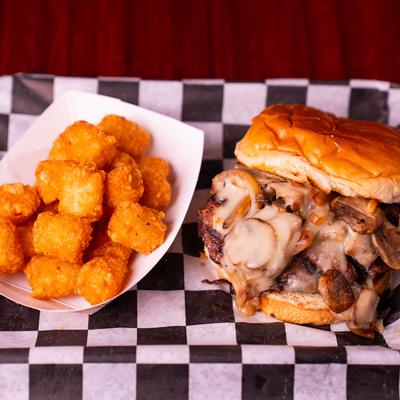 Grizzly Burger with Tator Tots.