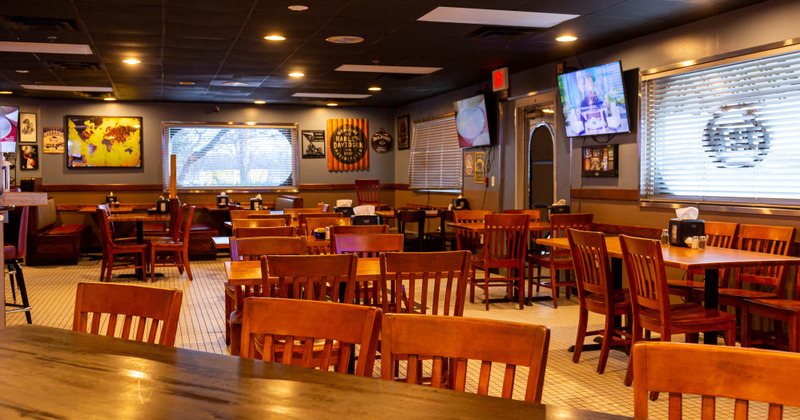 Interior, tables and chairs ready for guests