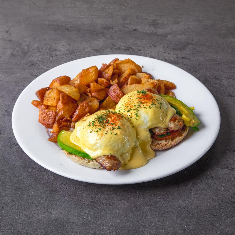 menu item 21 of 70, Certified Halal Chicken Sausage, Avocado, Spinach & Tomato Benedict