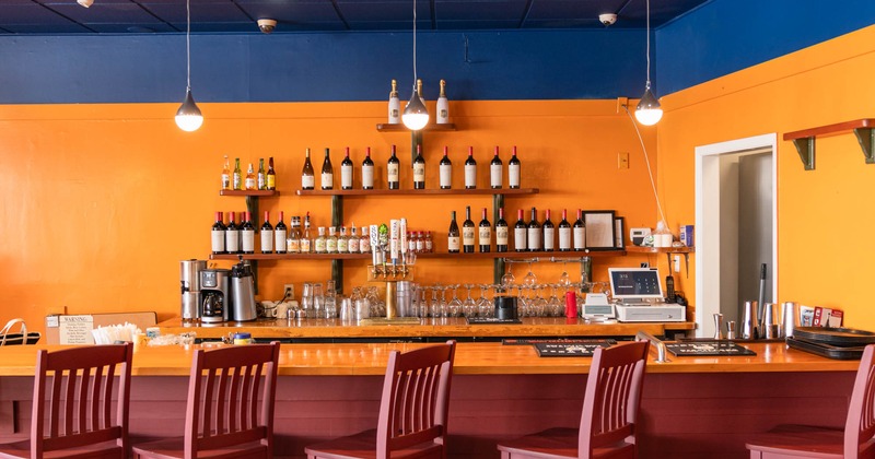 Interior, bar area and bar stools