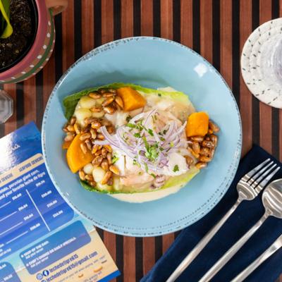 Classic ceviche with spicy citrus marinade and Peruvian peppers.