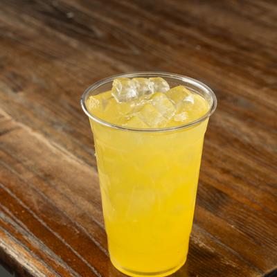 Iced drink served in a plastic cup.