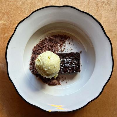 Italian chocolate cake dessert with ice cream on top