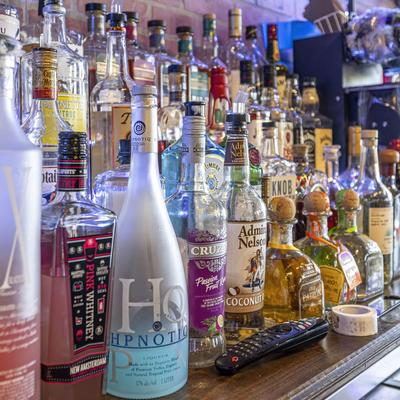 Bottles of spirits arranged at the bar.