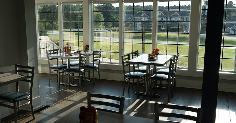 Interior, diner area, tables, chairs