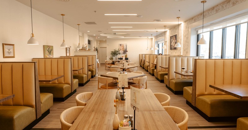 Interior, tables, chairs, and restaurant booths