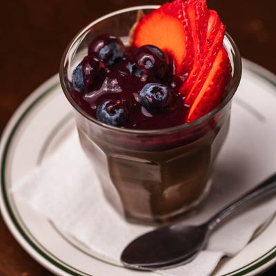 Traditional Chocolate Mousse with fresh fruit.
