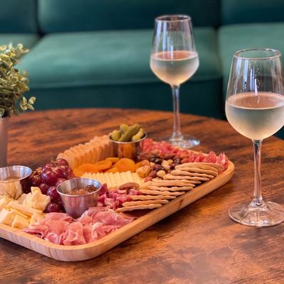 The charcuterie board and drinks.